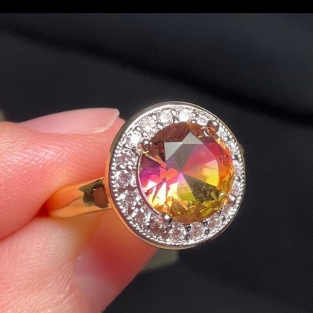 AAA Lab Tourmaline & White Sapphire Ring 14K Yellow Gold Plated Size 5